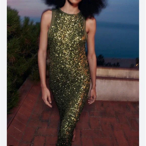 zara green sequin dress new sequins faux wrap round MINI Sz XS a bold Electric Lime mini dress designed for statement Green Sequin Midi Dress Zara